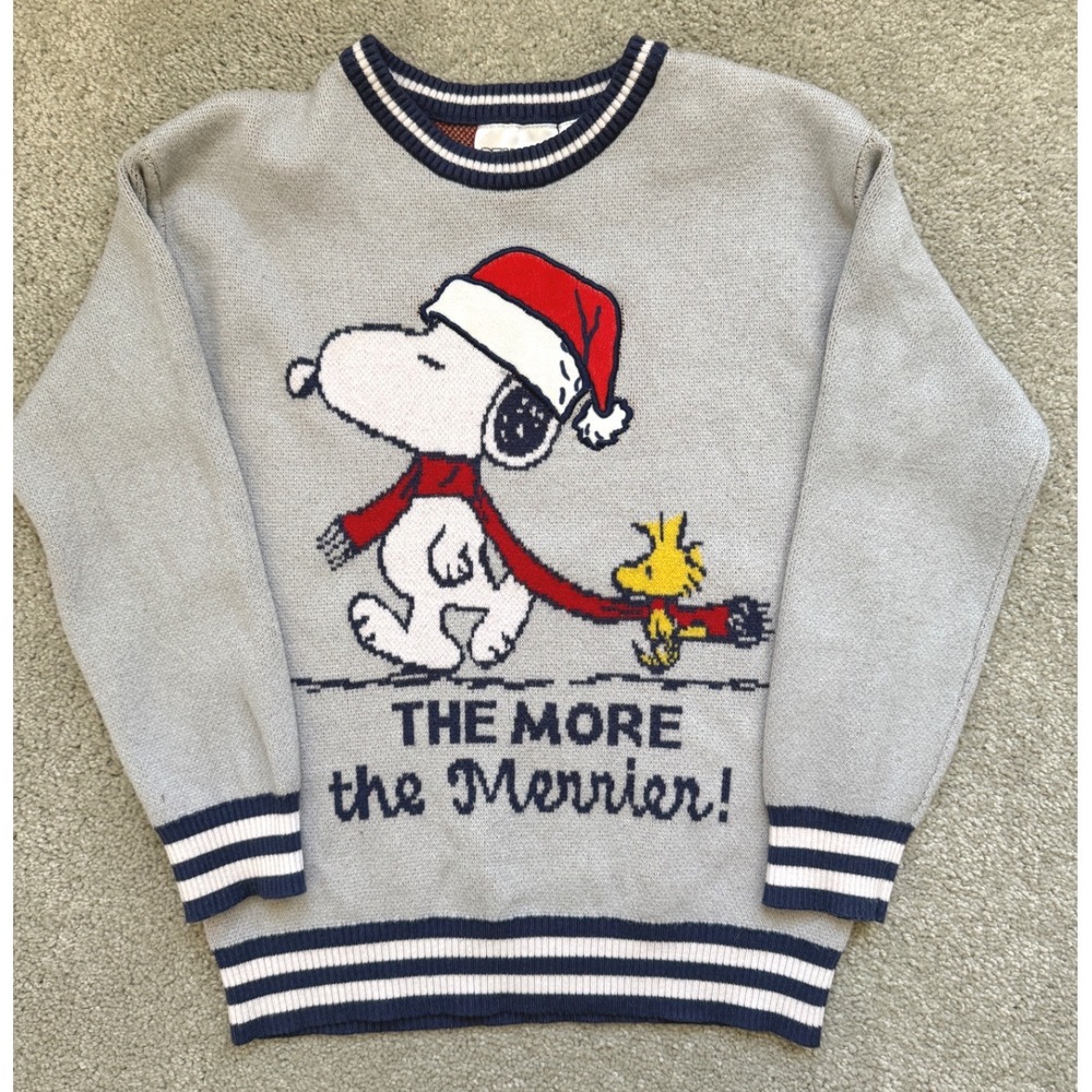 Peanuts Snoopy Woodstock Christmas Sweater Kids Small 7/8 Gray Holiday Pullover